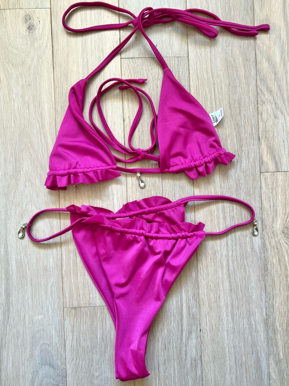 Tiger Mist Jewel Ruffle Trim Bikini Set Top & Bottom Fuchsia Pink